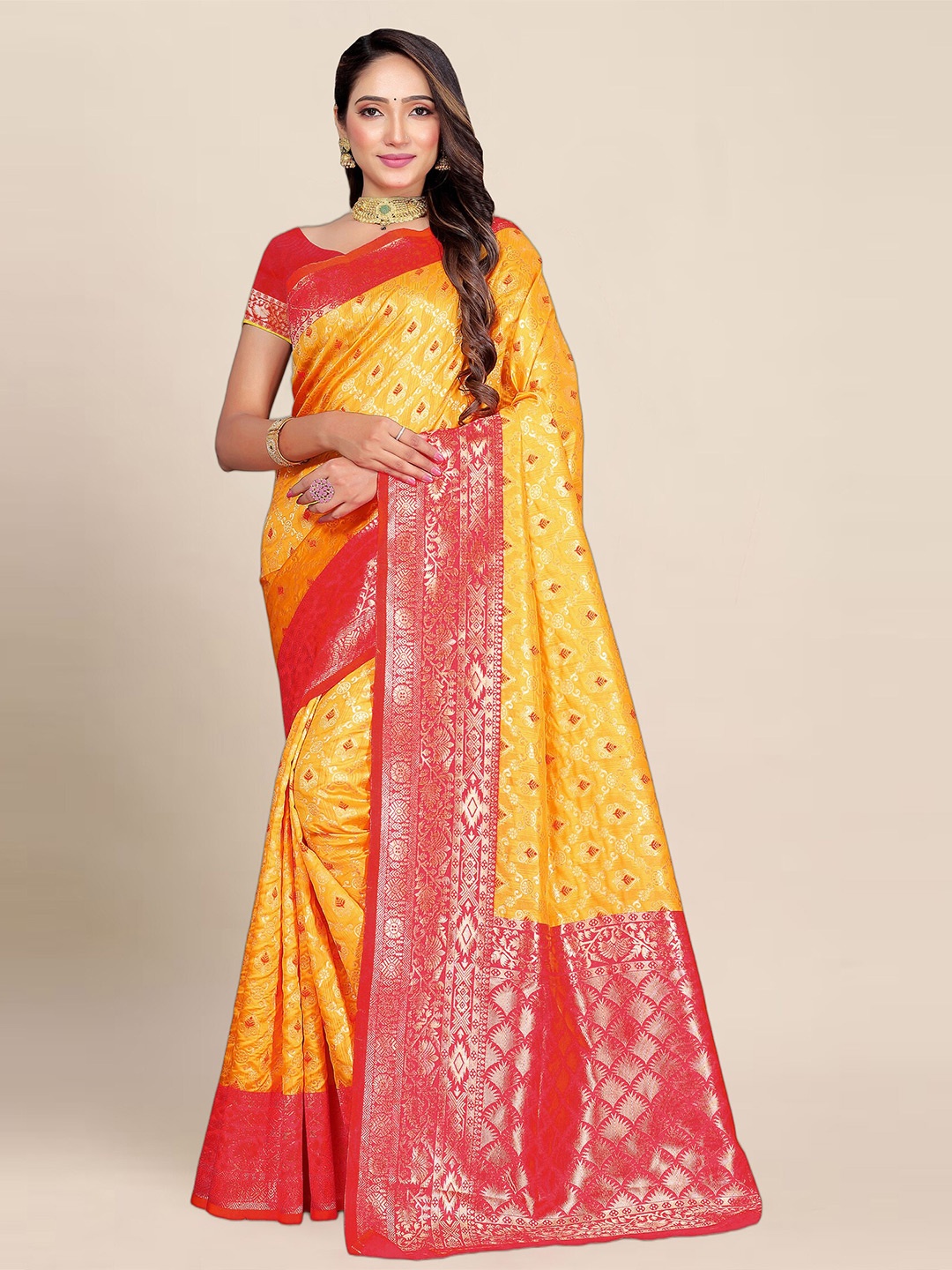 

Anjaneya Sarees Ethnic Motifs Woven Design Zari Banarasi Saree, Yellow