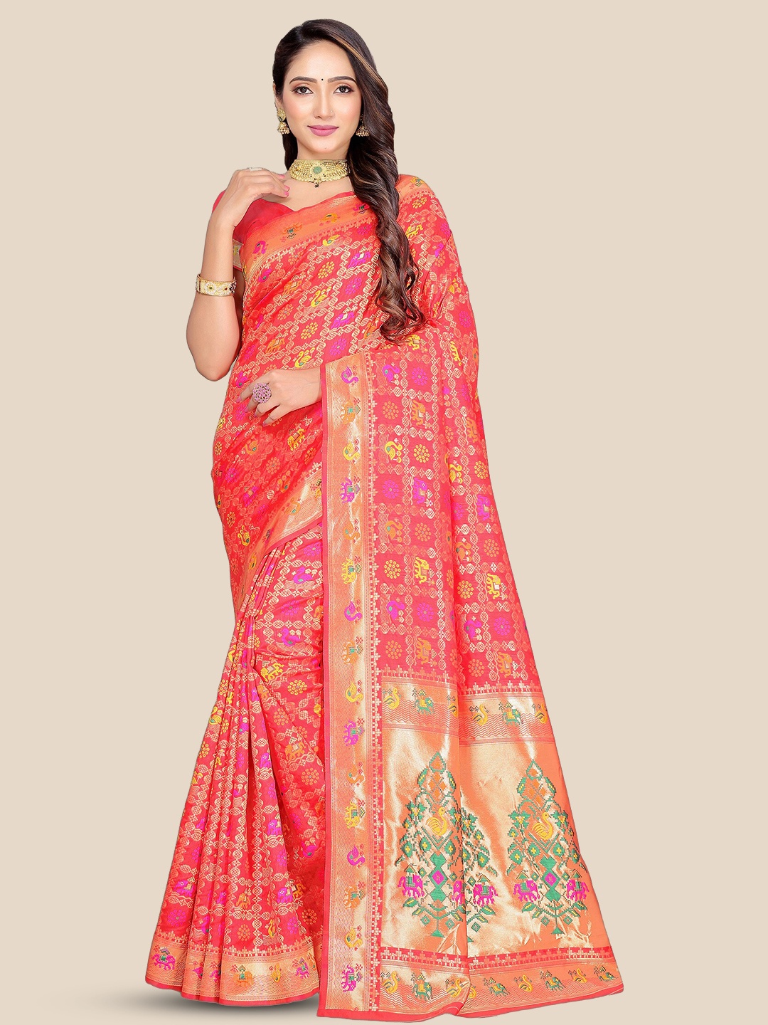 

Anjaneya Sarees Ethnic Motifs Woven Design Zari Banarasi Saree, Red