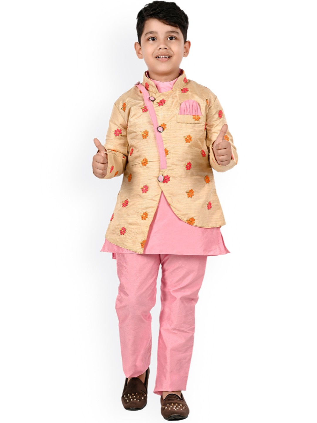 

BAESD Boys Band Collar Straight Kurta & Pyjamas With Waistcoat, Pink