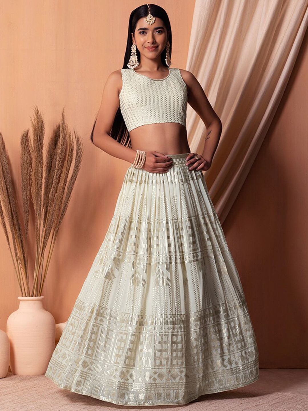 

FABPIXEL Embroidered Sequinned Semi-Stitched Lehenga & Unstitched Blouse With Dupatta, White