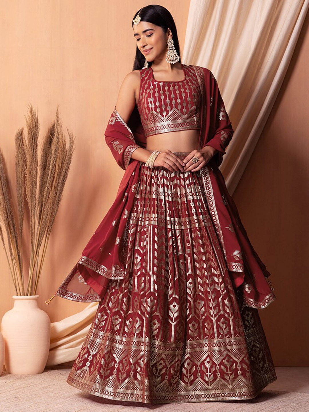 

FABPIXEL Embroidered Sequinned Semi-Stitched Lehenga & Unstitched Blouse With Dupatta, Maroon