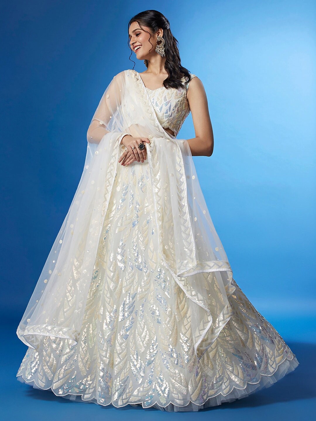 

FABPIXEL Embroidered Sequinned Semi-Stitched Lehenga & Unstitched Blouse With Dupatta, White