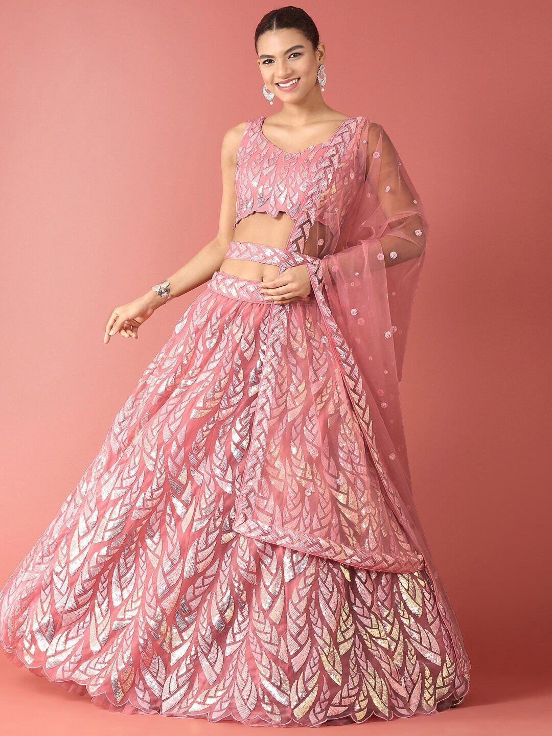 

FABPIXEL Embroidered Sequinned Semi-Stitched Lehenga & Unstitched Blouse With Dupatta, Pink