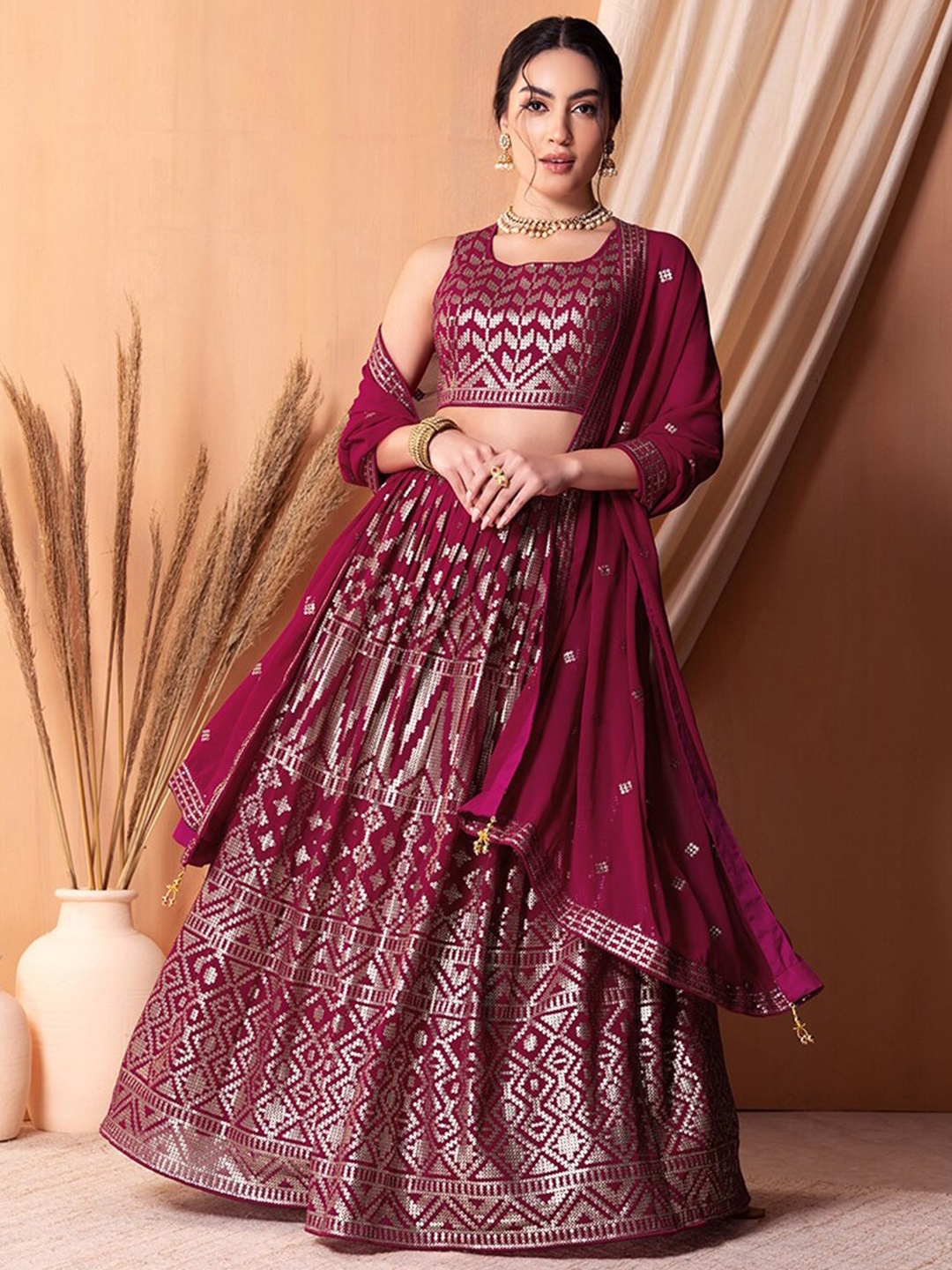 

FABPIXEL Embroidered Sequinned Semi-Stitched Lehenga & Unstitched Blouse With Dupatta, Purple