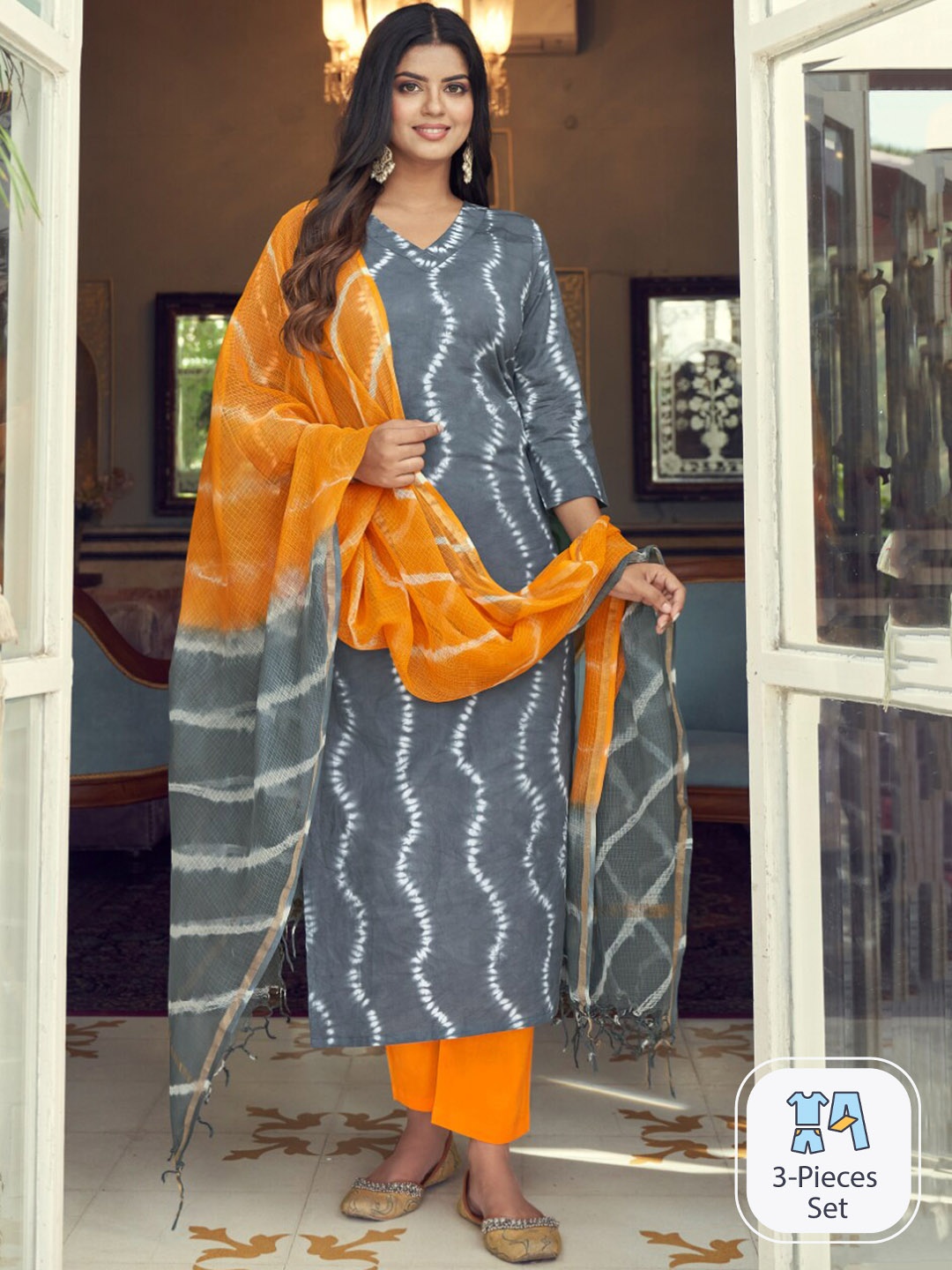 

KALINI Abstract Printed Kurta With Trousers & Dupatta, Grey