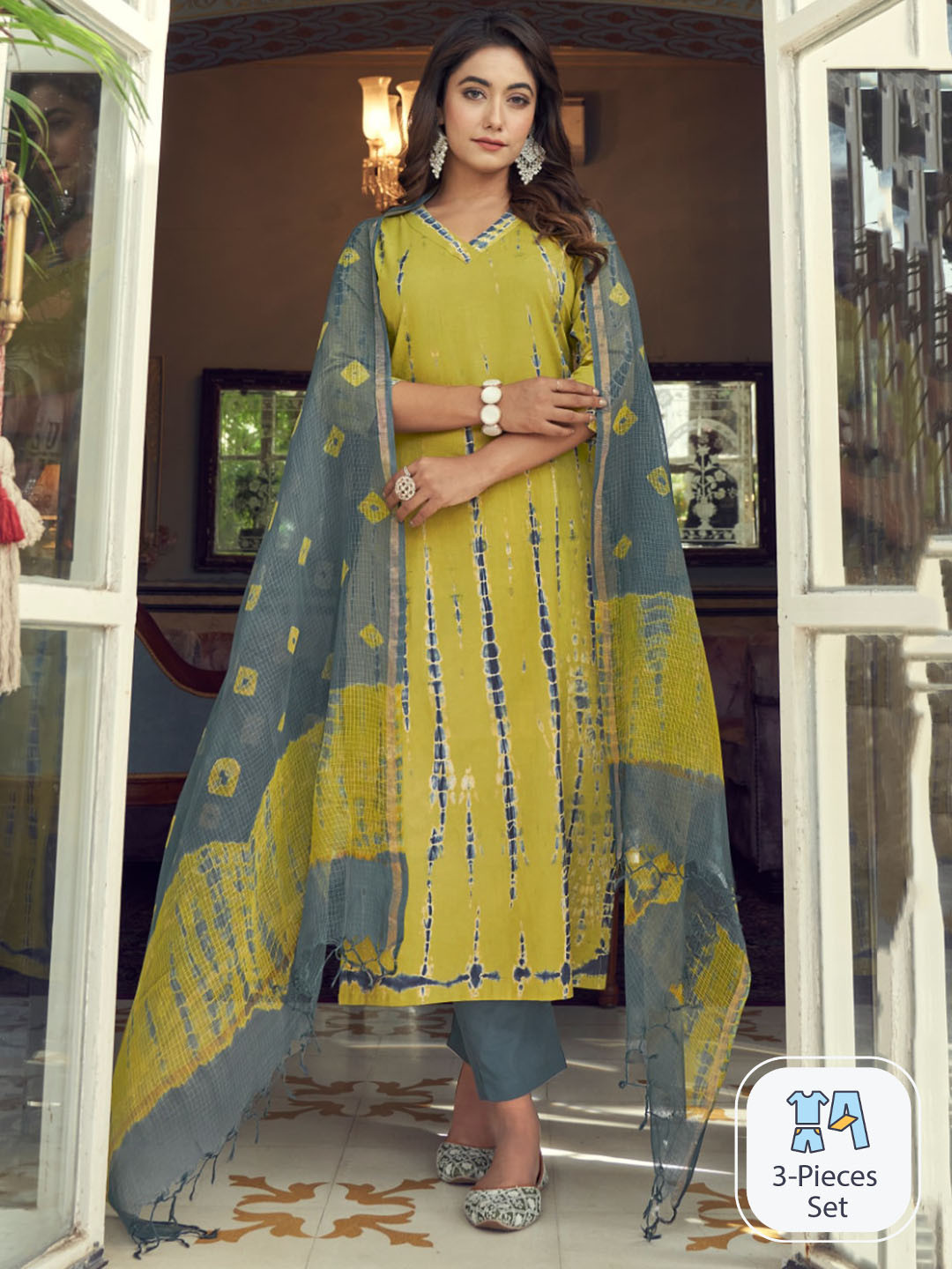 

KALINI Dyed V-Neck Regular Kurta with Trousers & With Dupatta, Green