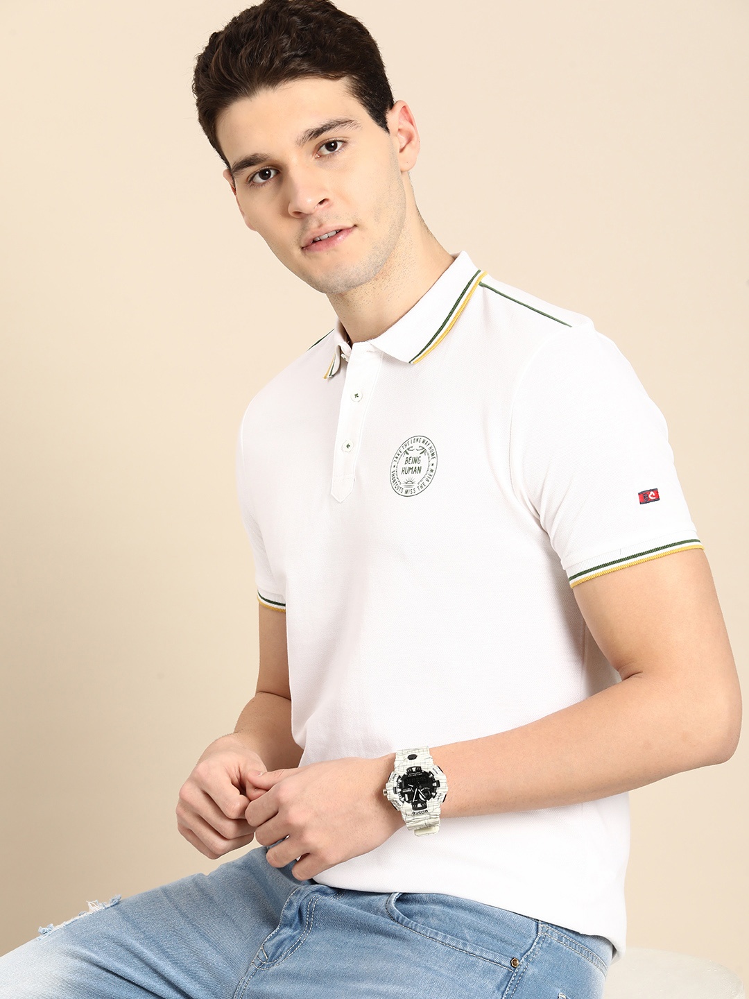 

Being Human Men Polo Collar Pure Cotton T-shirt, White