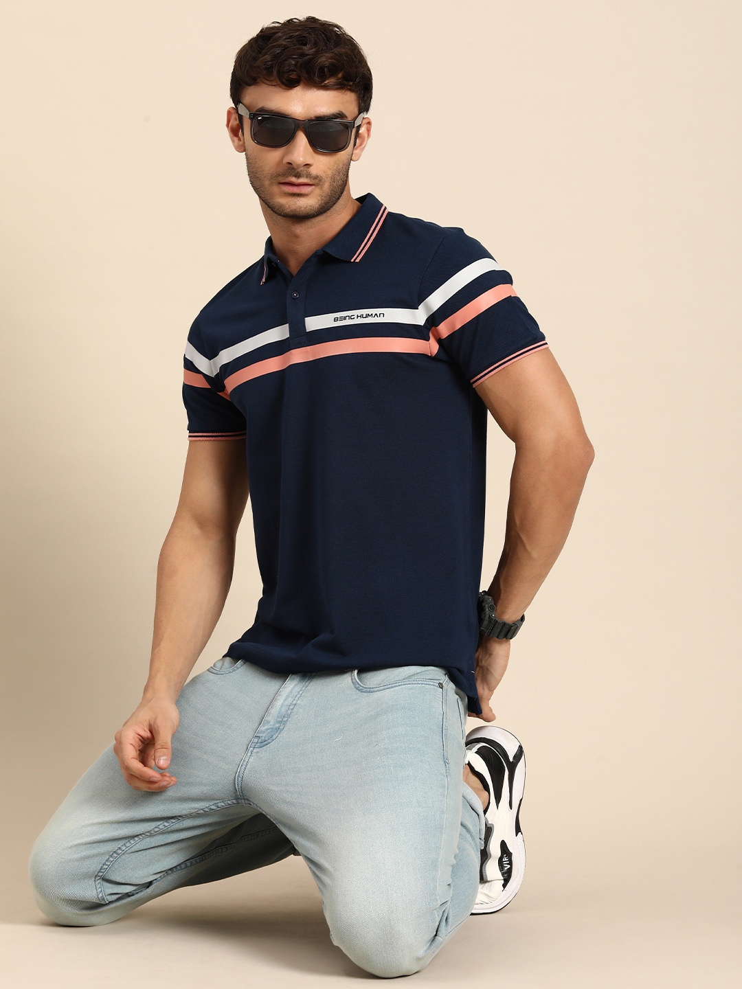 

Being Human Men Striped Polo Collar Pure Cotton T-shirt, Navy blue