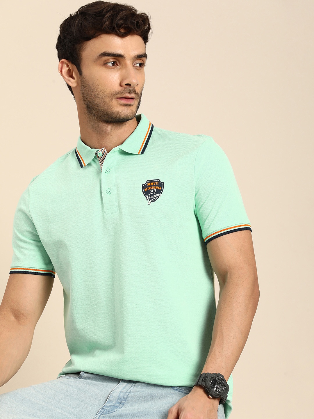 

Being Human Polo Collar Pure Cotton T-shirt, Green