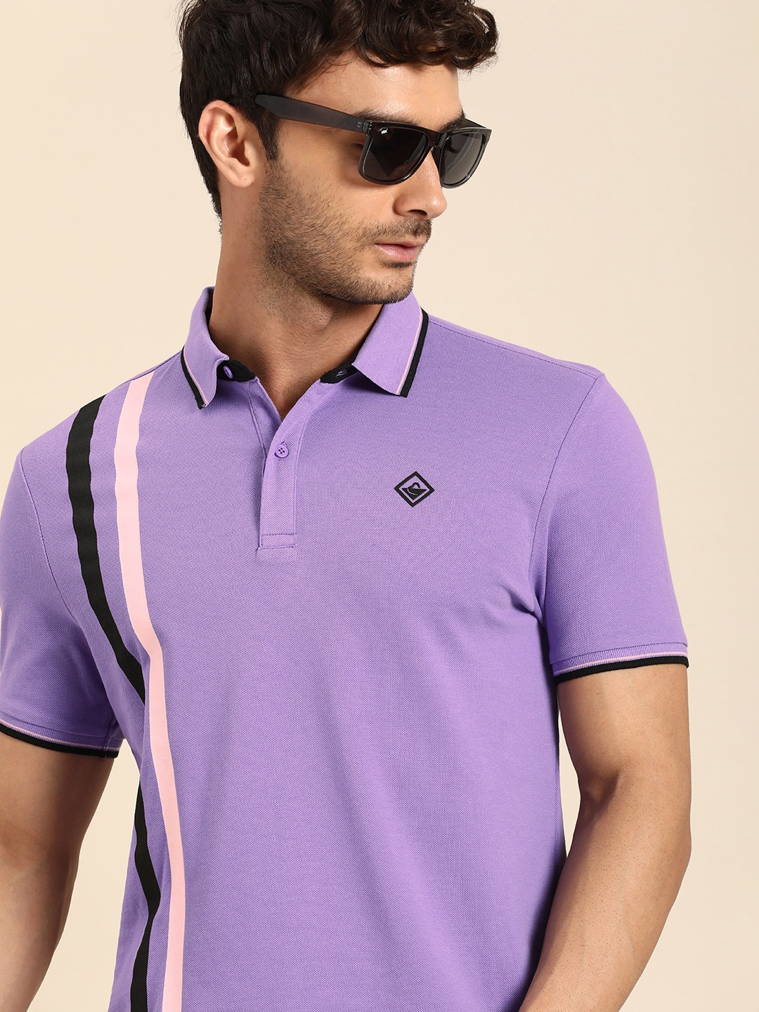 

Being Human Pure Cotton Polo Collar Striped Casual T-shirt, Purple