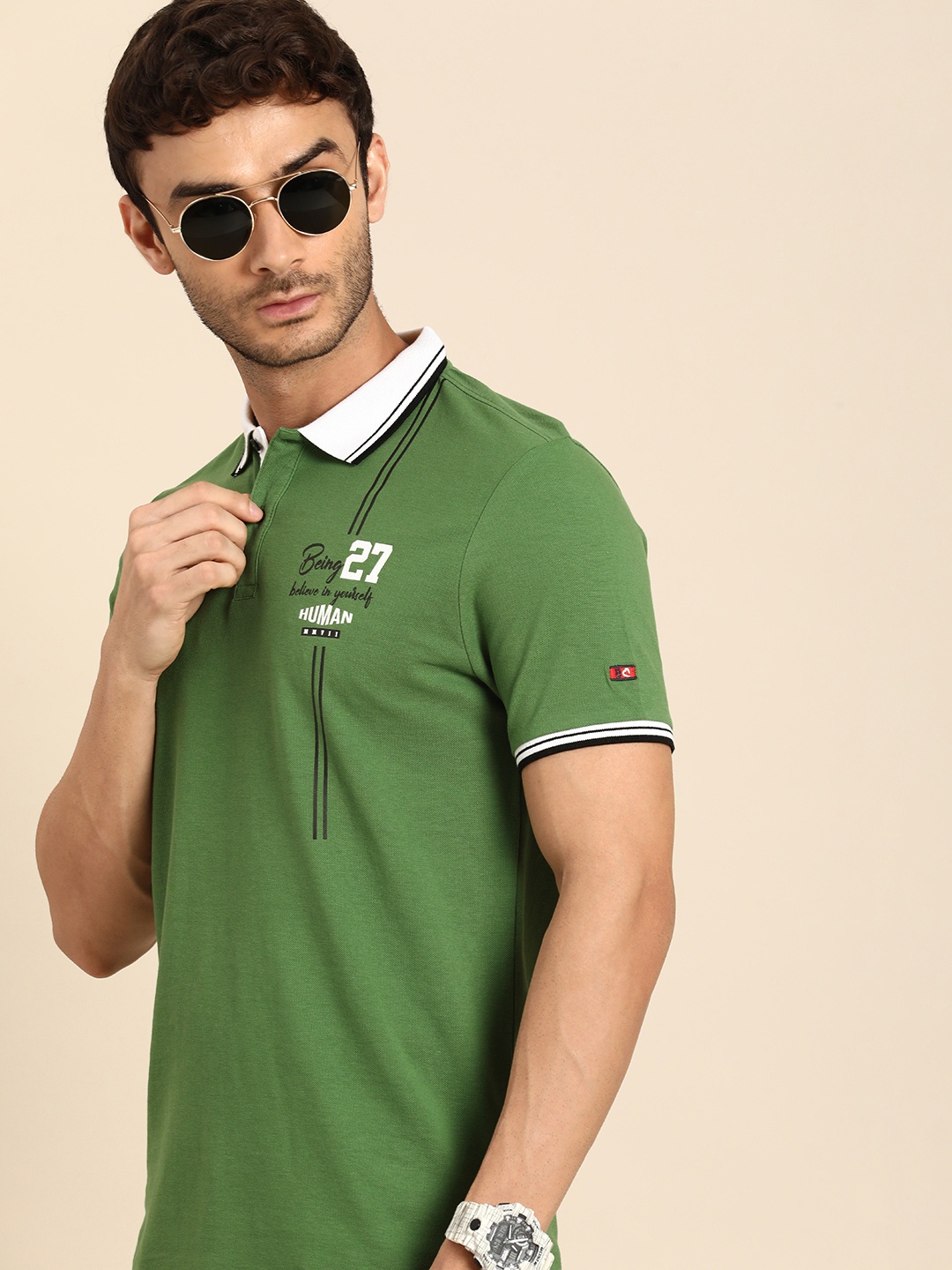 

Being Human Graphic Printed Polo Collar Pure Cotton T-shirt, Green