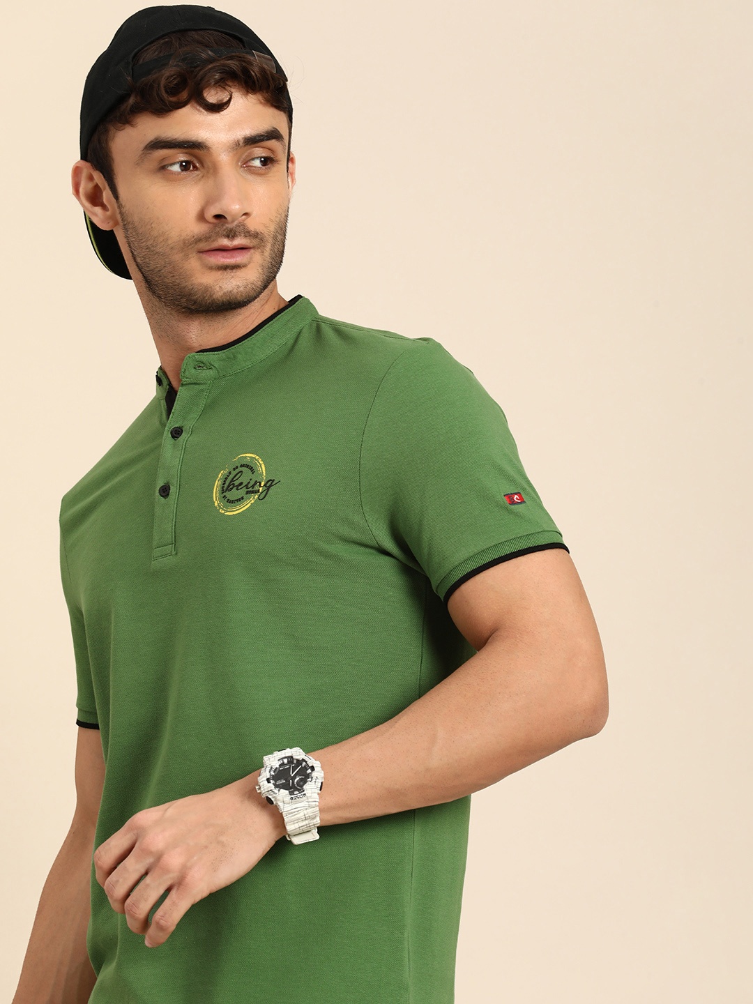 

Being Human Mandarin Collar Pure Cotton T-shirt, Green