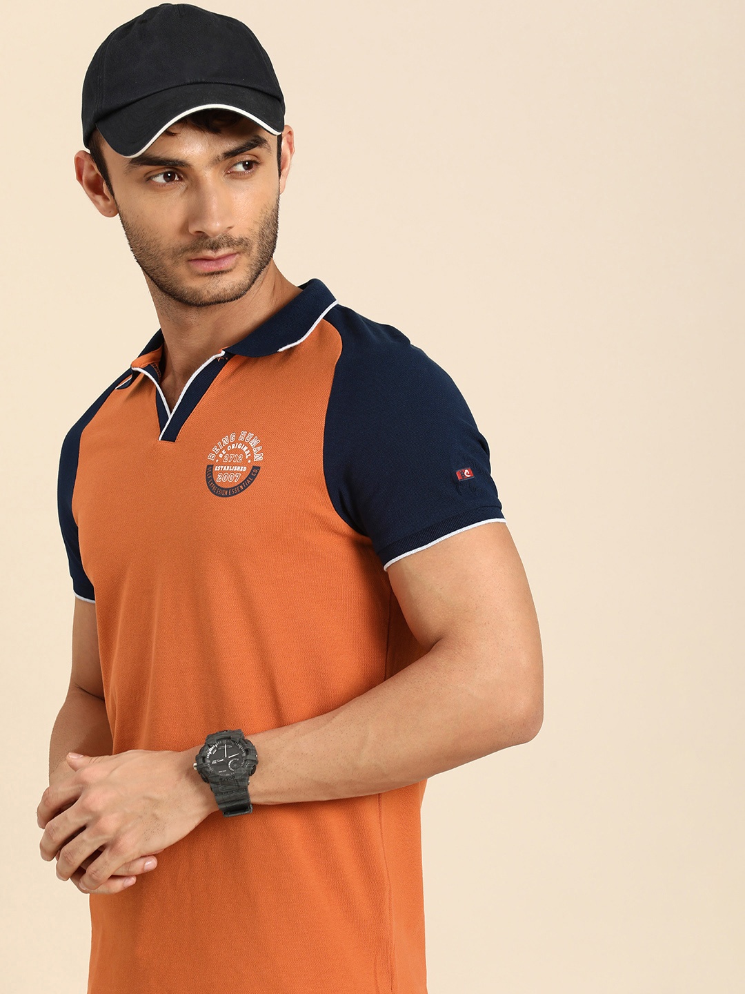 

Being Human Solid With Contrast Sleeves Polo Collar Pure Cotton T-shirt, Rust