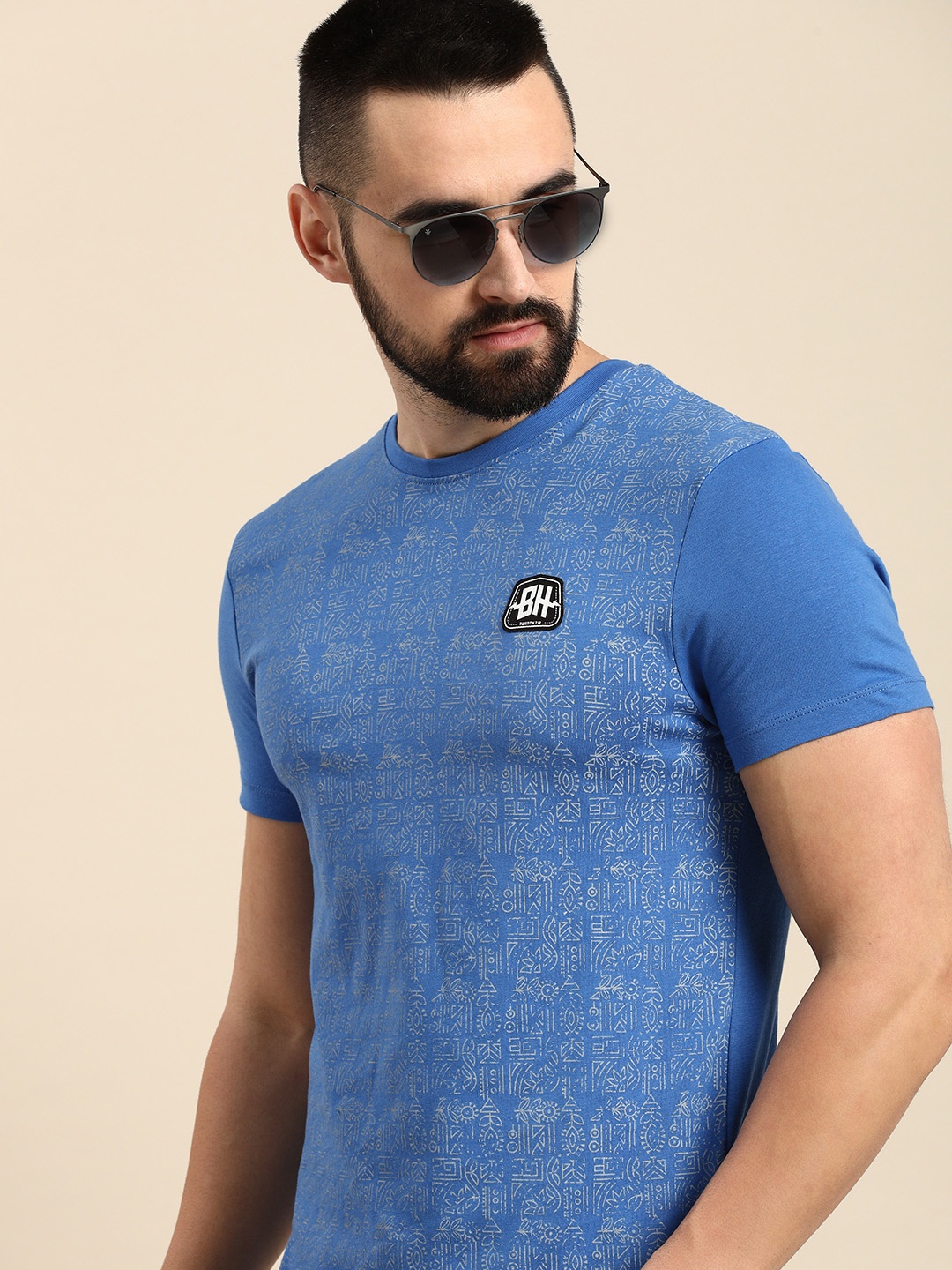 

Being Human Pure Cotton Geometric Printed Casual T-shirt, Blue