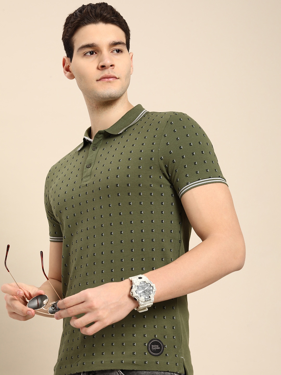 

Being Human Men Printed Polo Collar Pure Cotton T-shirt, Olive