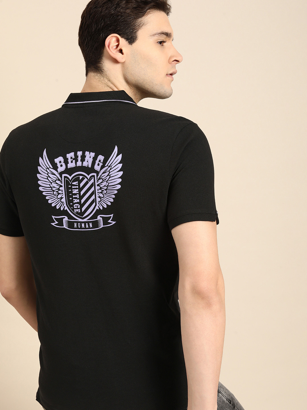 

Being Human Printed Polo Collar Pure Cotton T-shirt, Black