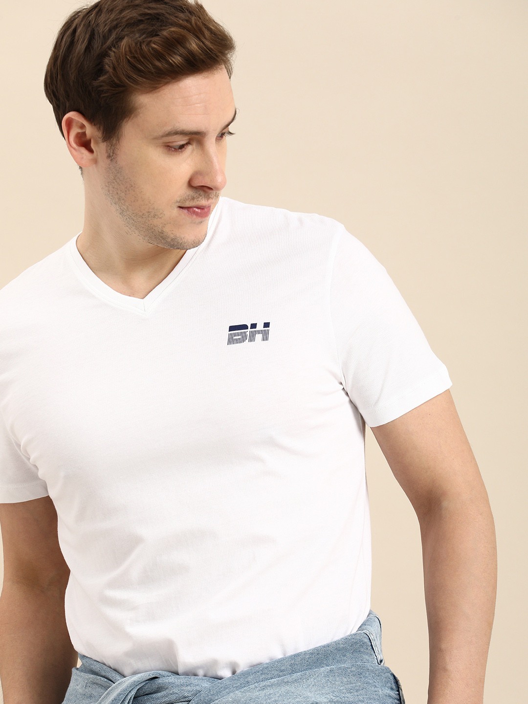 

Being Human Pure Cotton V-Neck Casual T-shirt, White