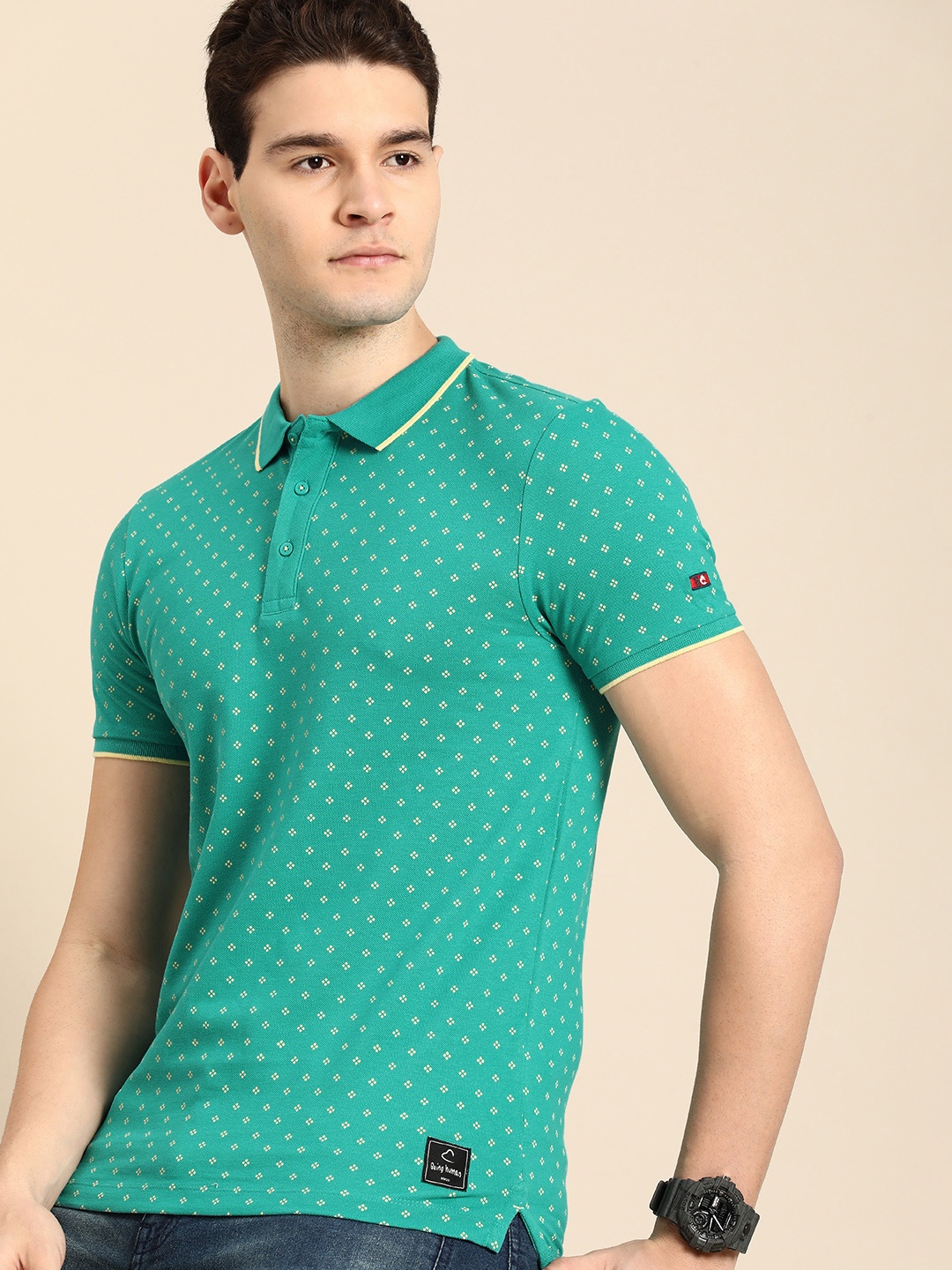 

Being Human Geometric Printed Polo Collar Pure Cotton T-shirt, Turquoise blue
