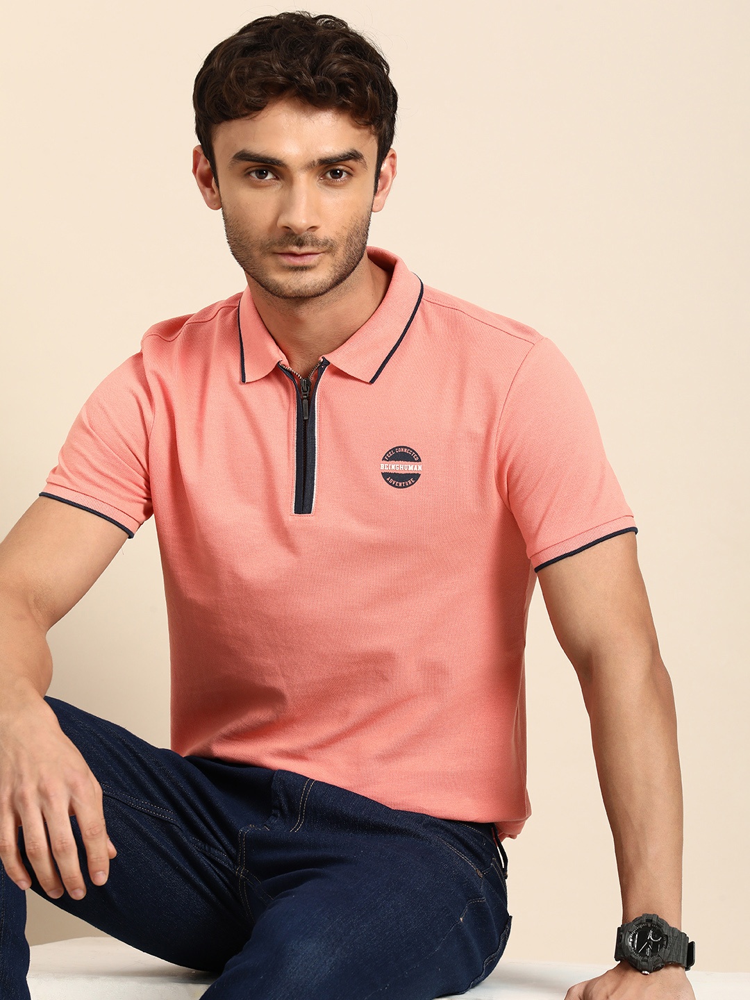 

Being Human Polo Collar Pure Cotton T-shirt, Coral