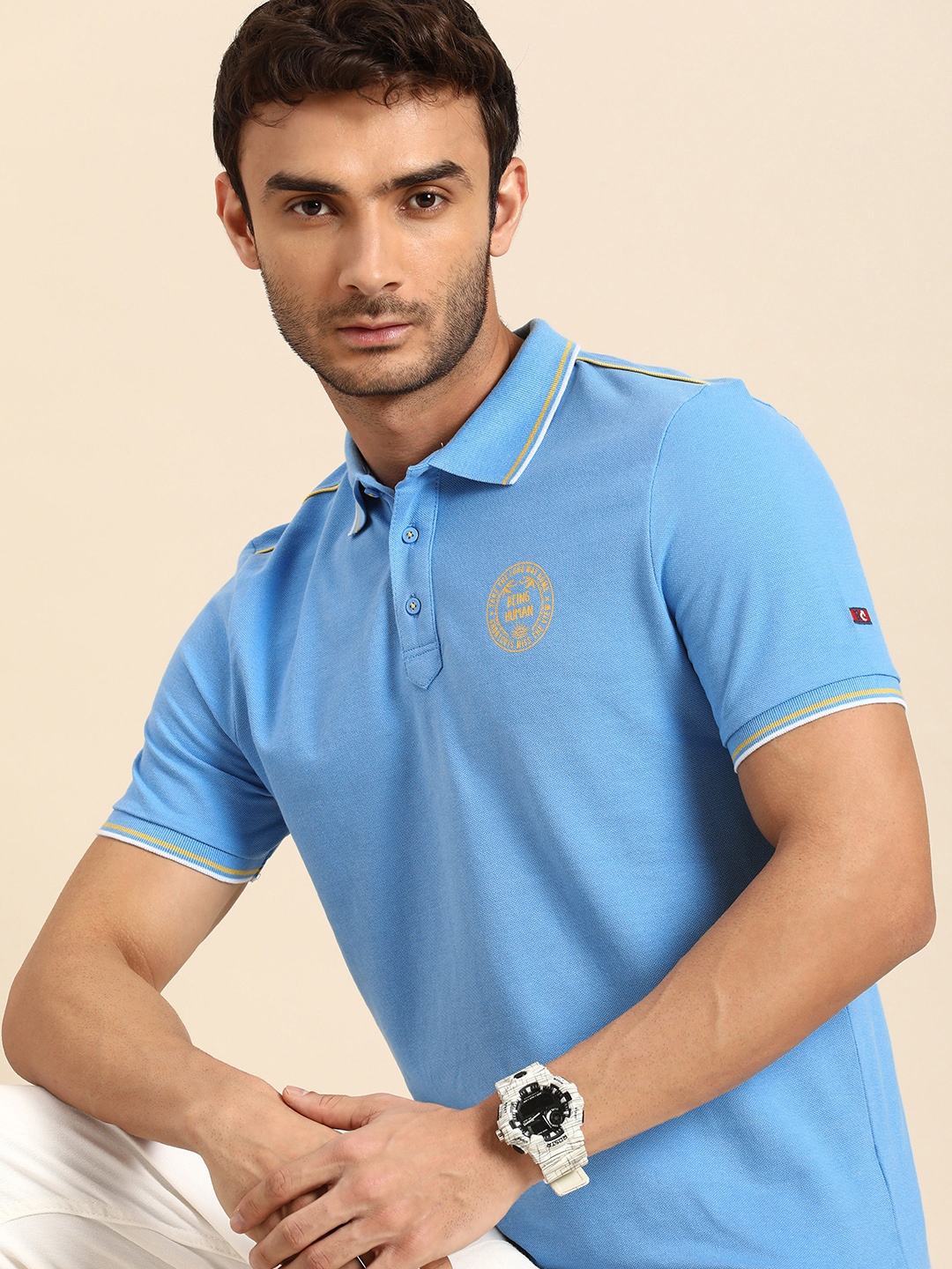 

Being Human Pure Cotton Polo Collar Casual T-shirt, Blue