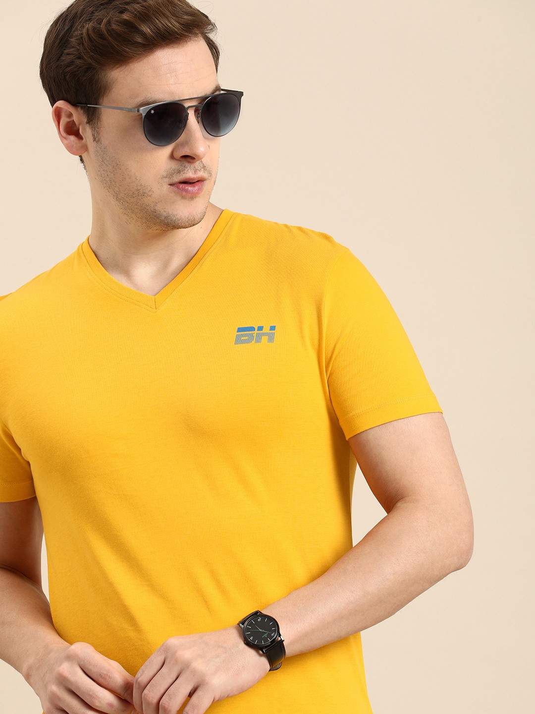 

Being Human Solid V-Neck Pure Cotton T-shirt, Mustard