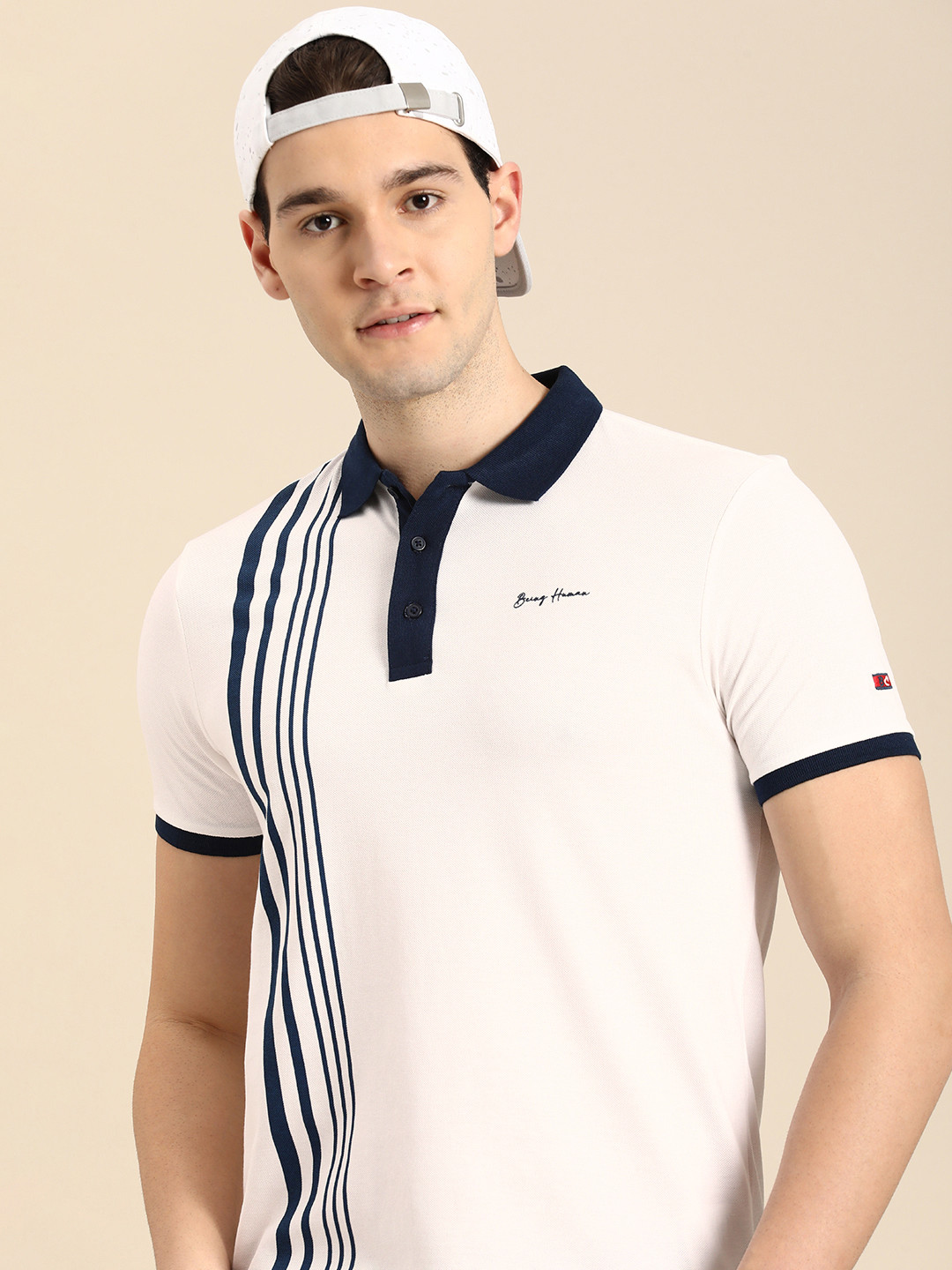 

Being Human Pure Cotton Polo Collar Striped Casual T-shirt, White