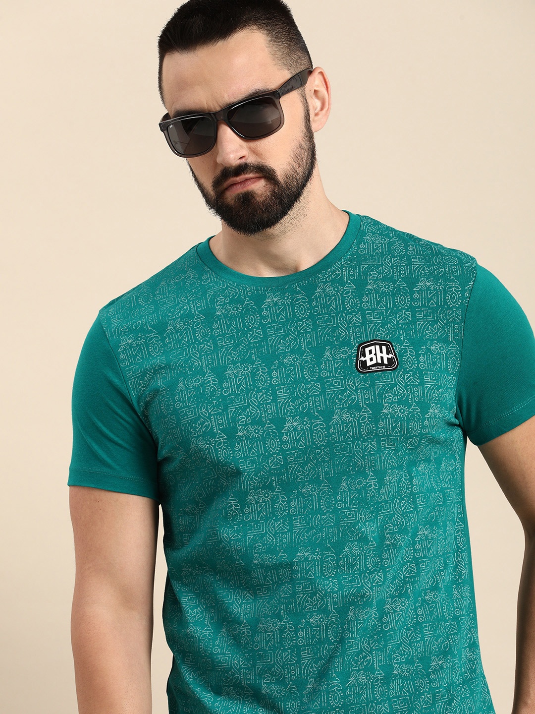 

Being Human Geometric Printed Pure Cotton T-shirt, Teal