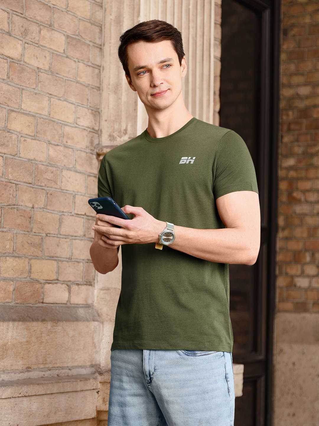 

Being Human Solid Round Neck Pure Cotton T-shirt, Olive