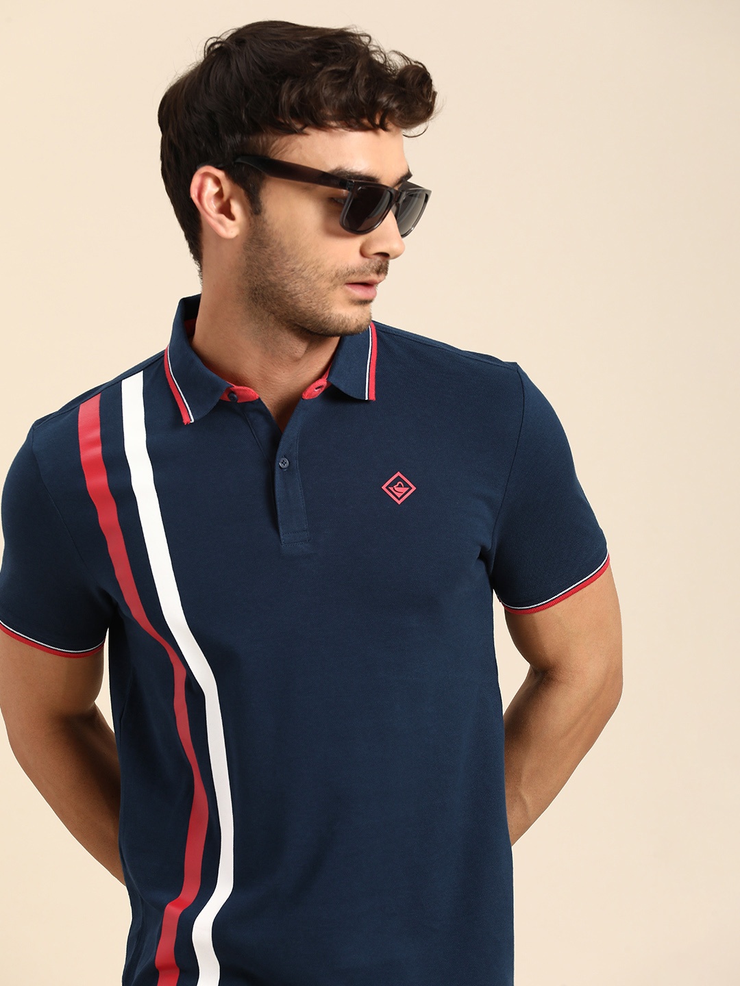 

Being Human Striped Polo Collar Pure Cotton T-shirt, Navy blue
