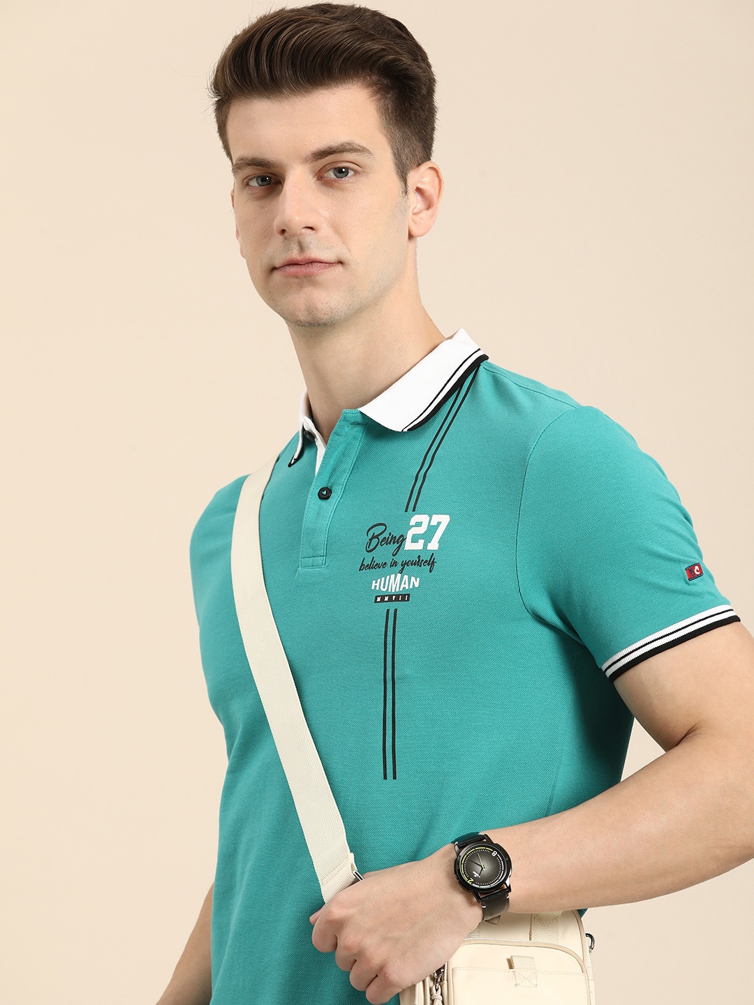 

Being Human Graphic Printed Polo Collar Pure Cotton T-shirt, Turquoise blue