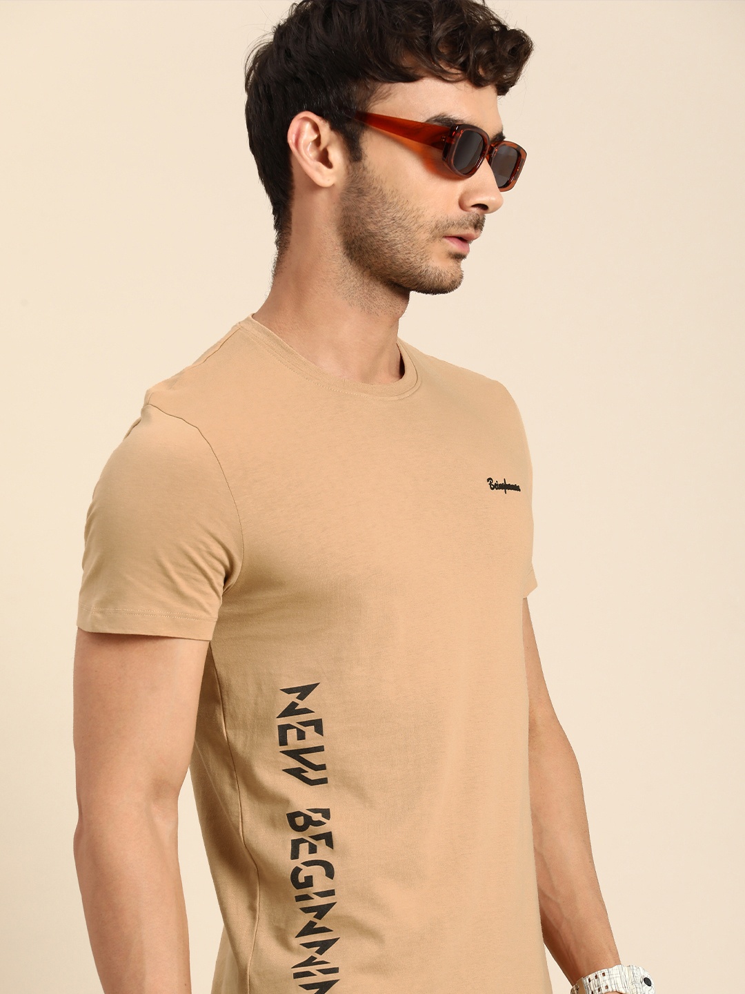 

Being Human Men Typography Printed Pure Cotton T-shirt, Beige