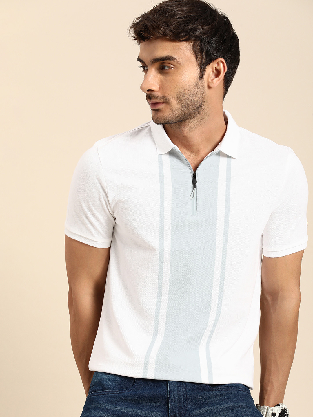 

Being Human Pure Cotton Polo Collar Striped Casual T-shirt, White