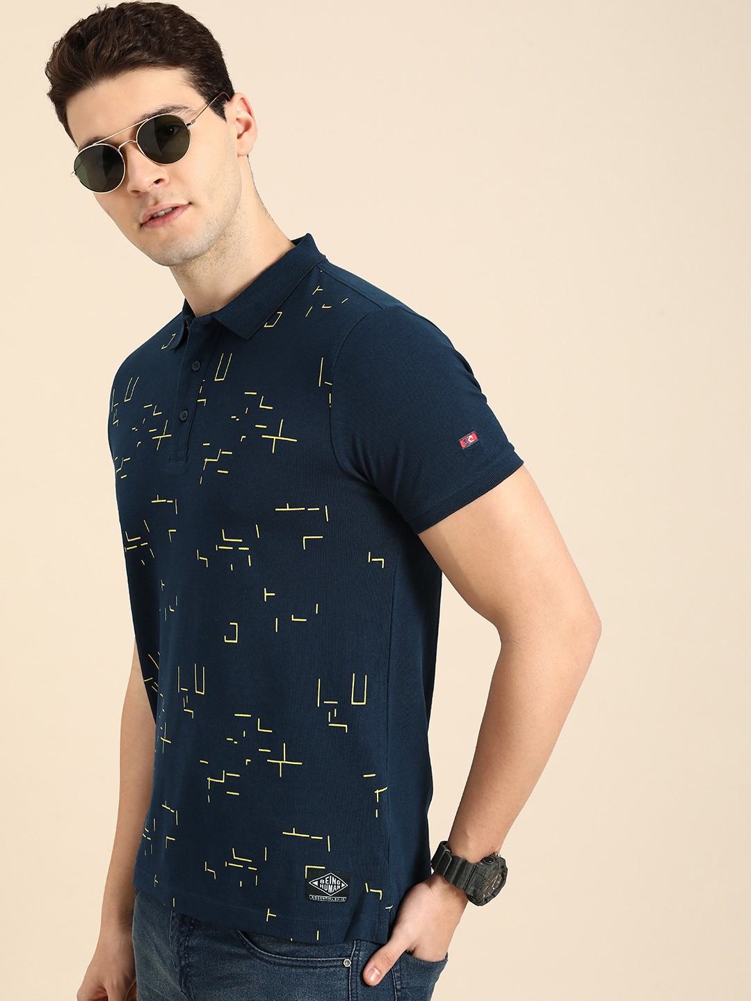 

Being Human Geometric Printed Polo Collar Pure Cotton T-shirt, Navy blue