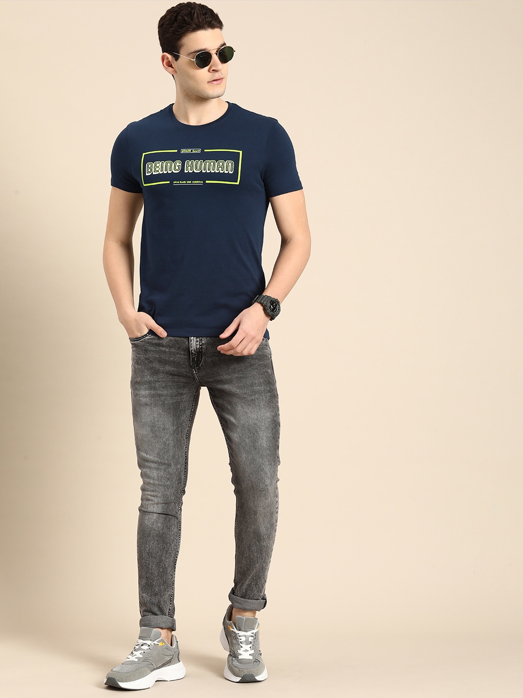 

Being Human Men Brand Logo Printed Pure Cotton T-shirt, Navy blue