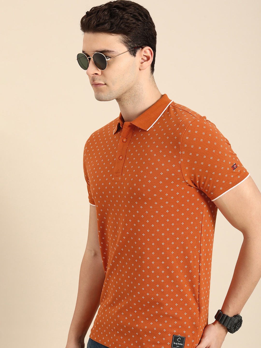 

Being Human Geometric Printed Polo Collar Pure Cotton T-shirt, Orange