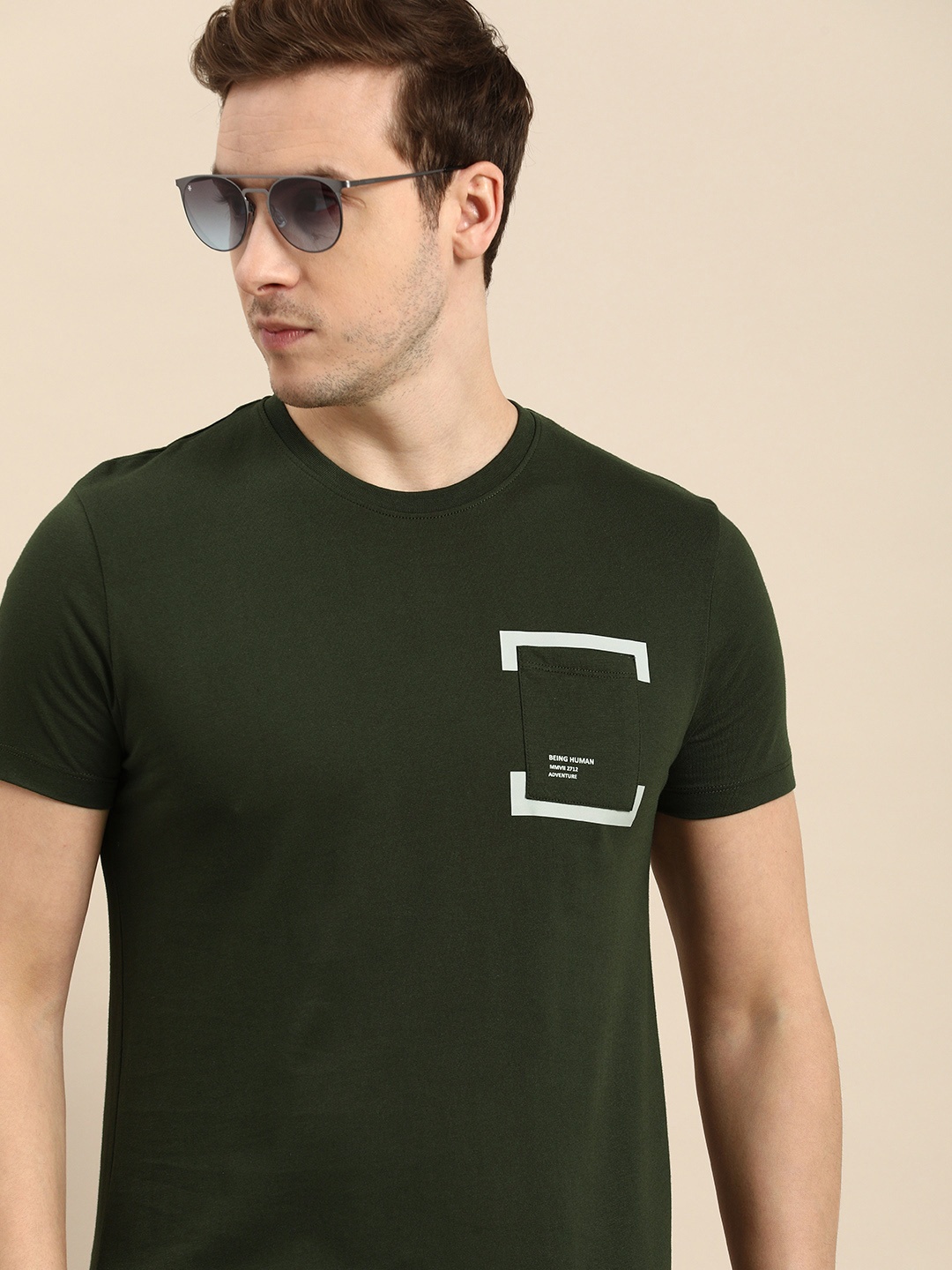 

Being Human Solid Round Neck Pure Cotton T-shirt With Chest Pocket, Olive