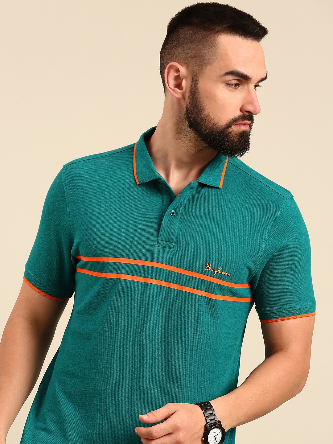 

Being Human Striped Polo Collar Pure Cotton T-shirt, Teal