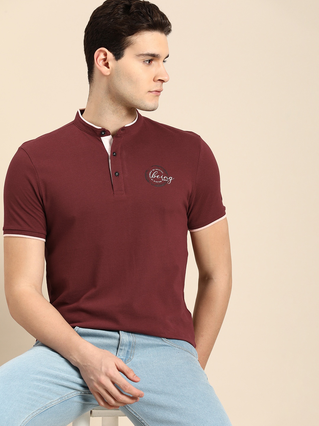 

Being Human Short Sleeves Mandarin Collar Pure Cotton T-shirt, Maroon