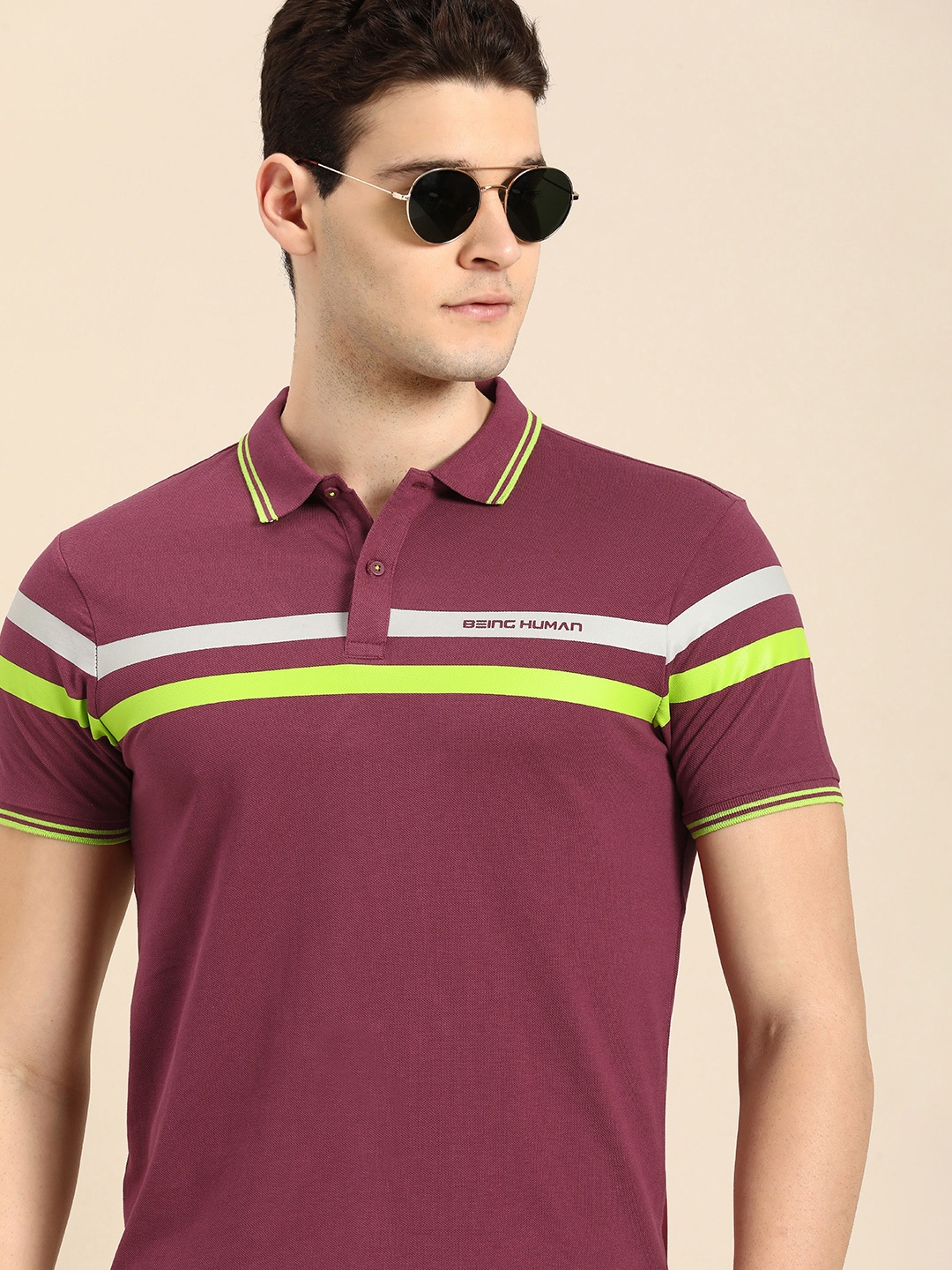 

Being Human Striped Polo Collar Pure Cotton T-shirt, Maroon
