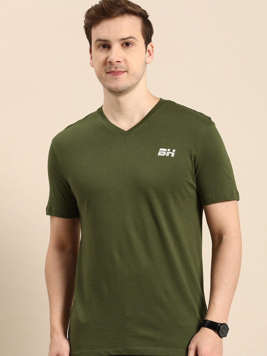

Being Human V-Neck Pure Cotton T-shirt, Olive