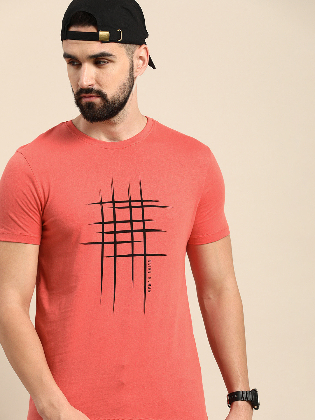 

Being Human Men Coral & Black Printed Pure Cotton T-shirt