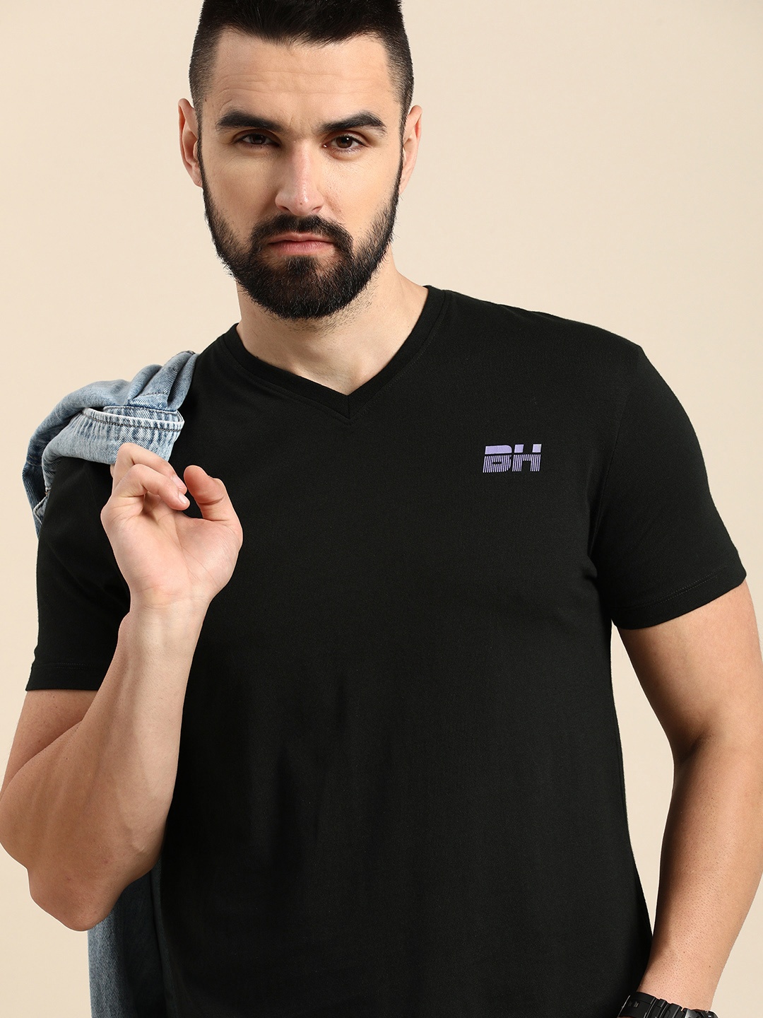 

Being Human Brand Logo Printed V-Neck Pure Cotton T-shirt, Black
