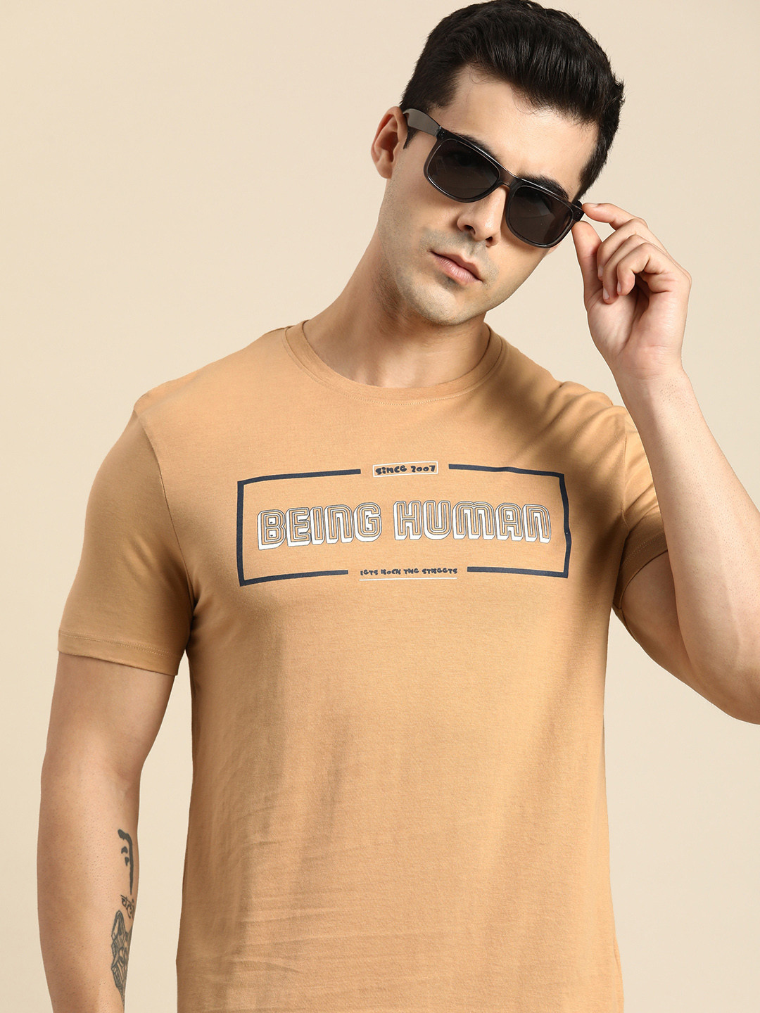 

Being Human Brand Logo Printed Pure Cotton T-shirt, Beige