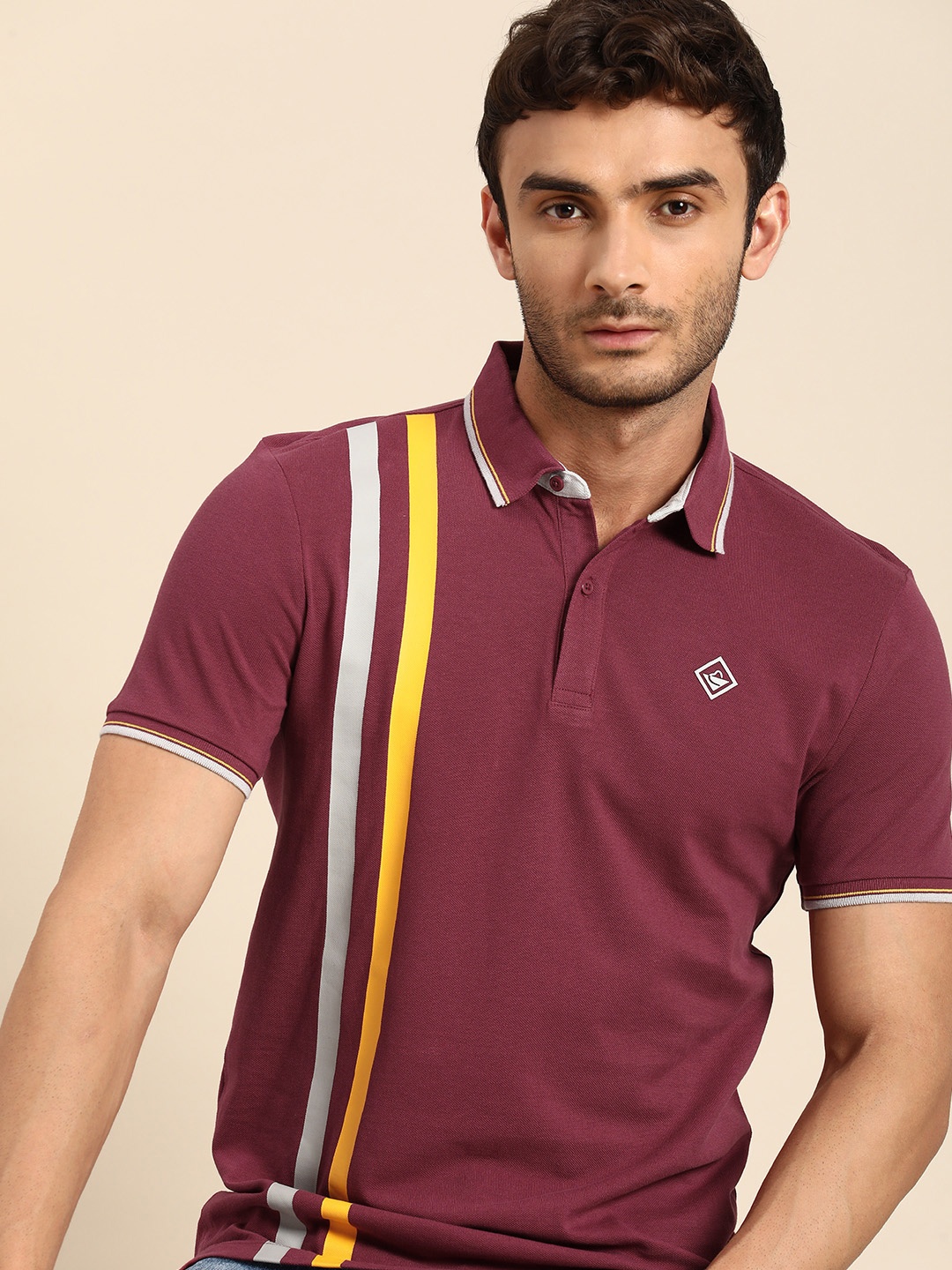 

Being Human Striped Polo Collar Pure Cotton T-shirt, Maroon