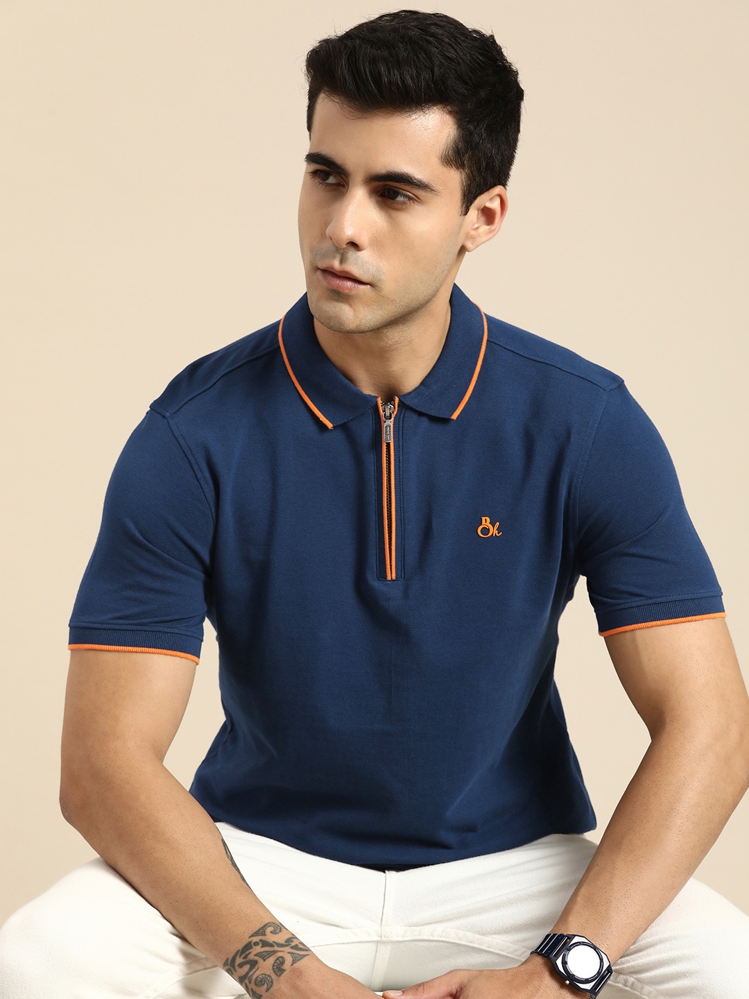 

Being Human Solid Polo Collar Pure Cotton T-shirt, Navy blue