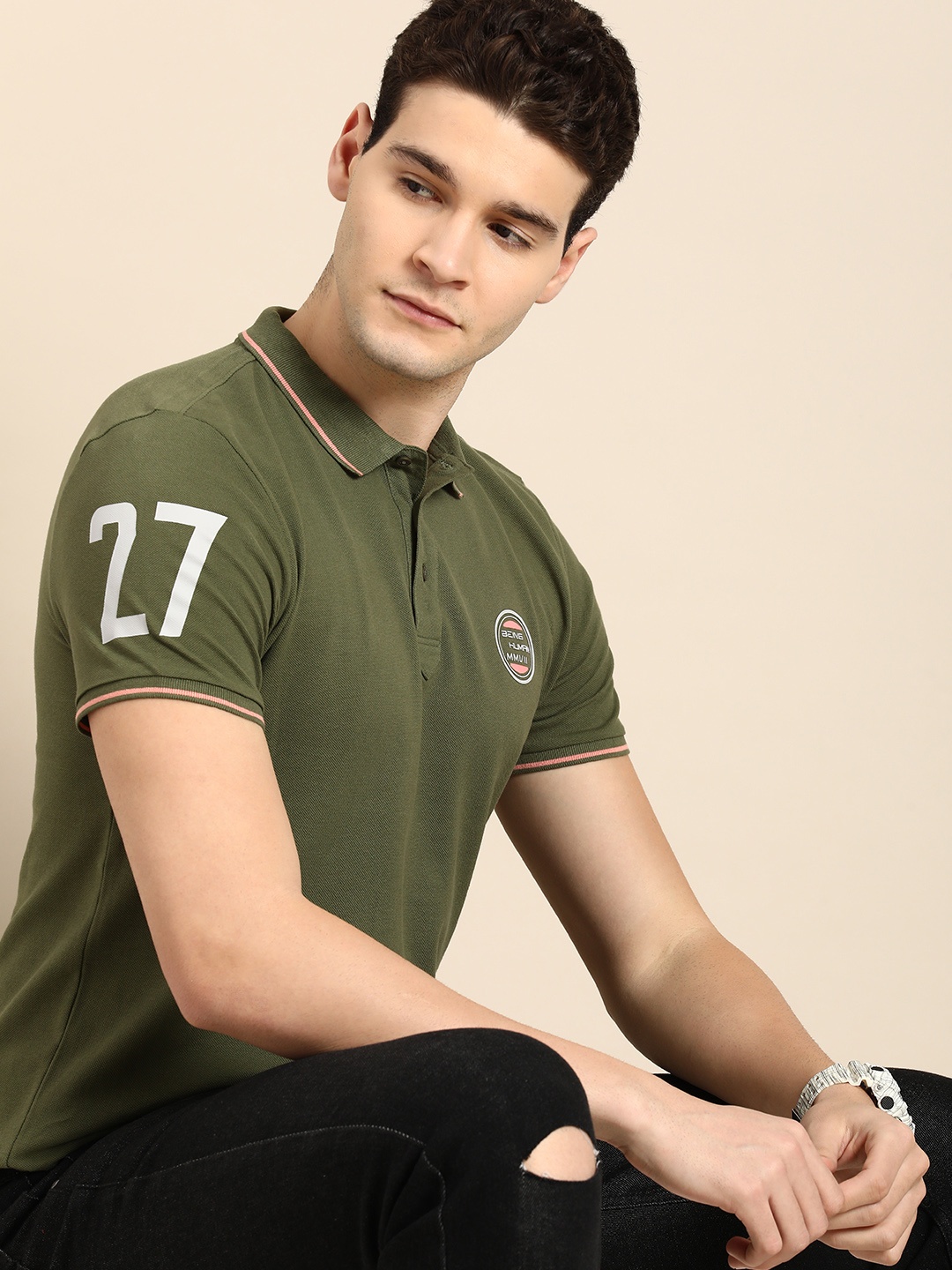 

Being Human Varsity Printed Polo Collar Pure Cotton T-shirt, Olive