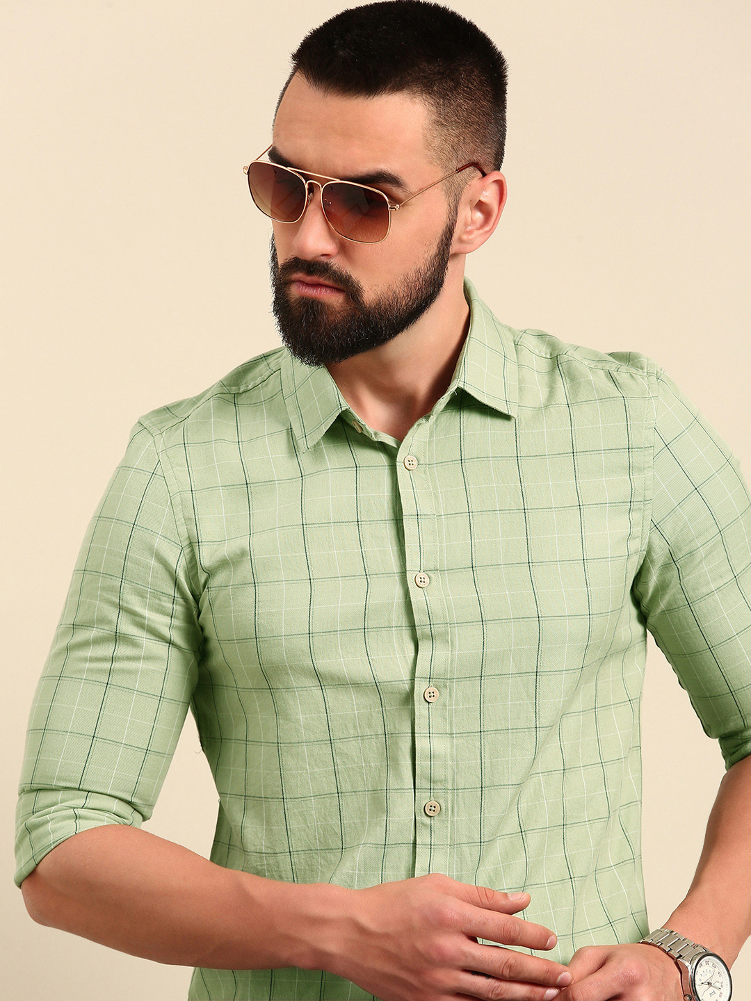 

Being Human Pure Cotton Slim Fit Checked Casual Shirt, Green
