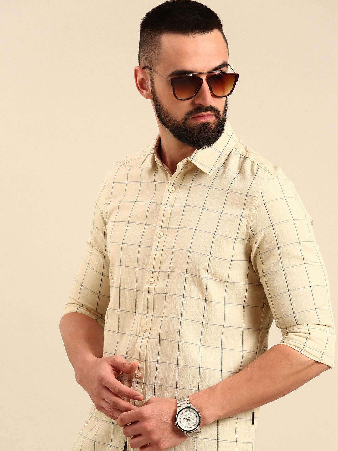 

Being Human Pure Cotton Slim Fit Checked Casual Shirt, Beige
