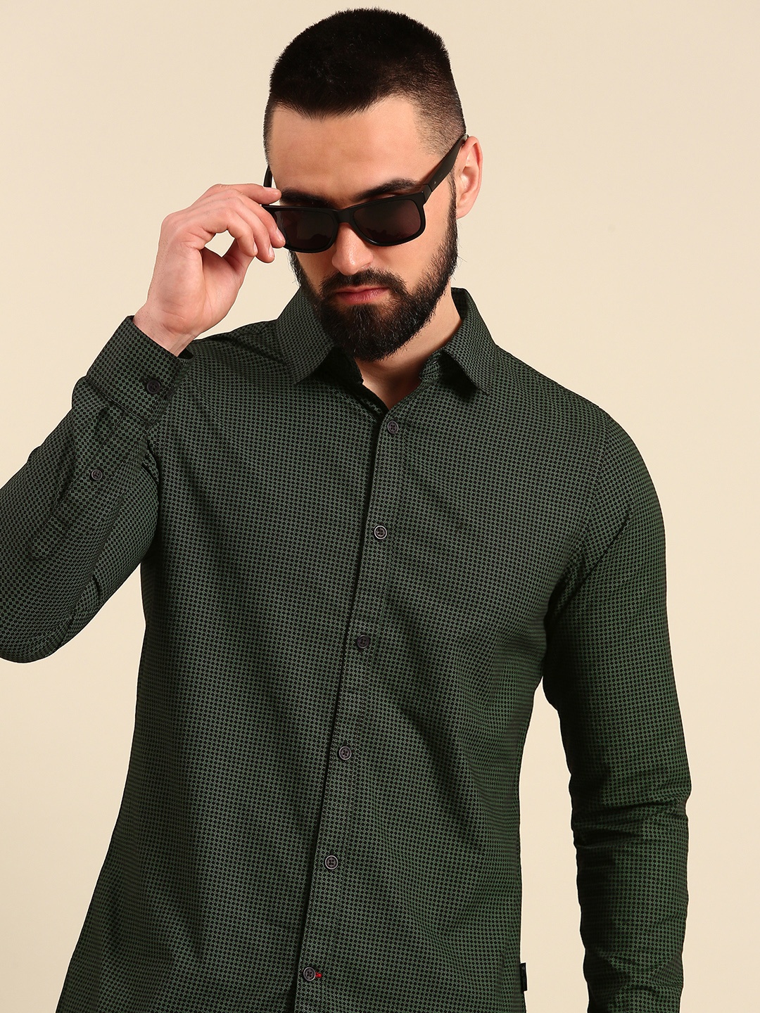 

Being Human Slim Fit Geometric Printed Pure Cotton Casual Shirt, Green