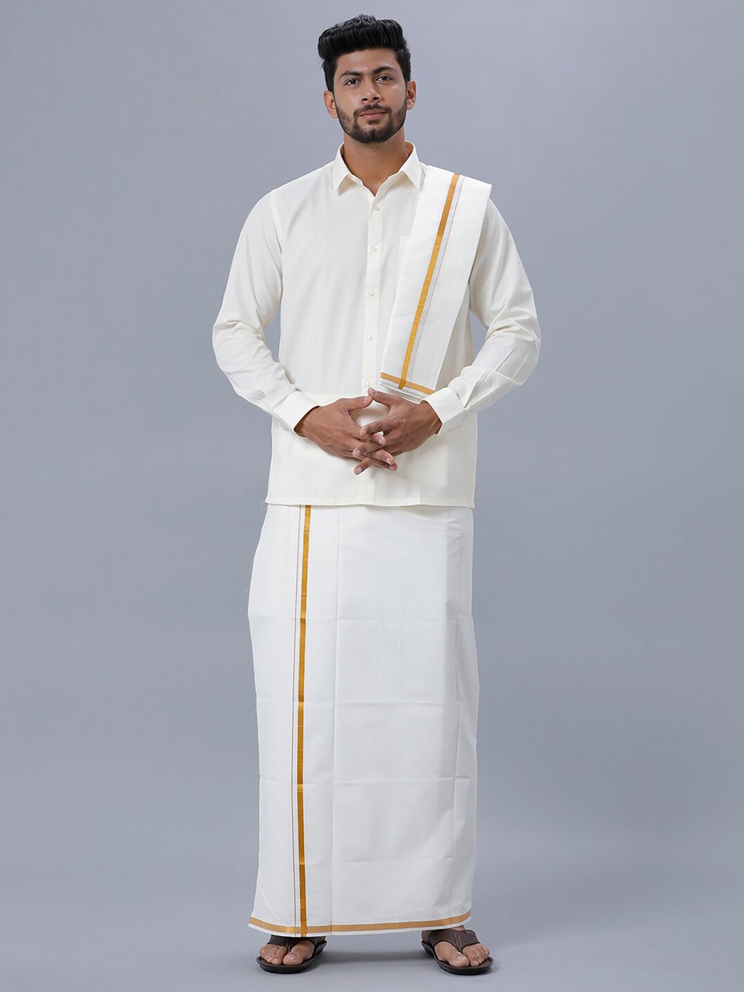 

Ramraj Long Sleeves Pure Cotton Shirt & Veshti with Angavastram and Belt, Off white